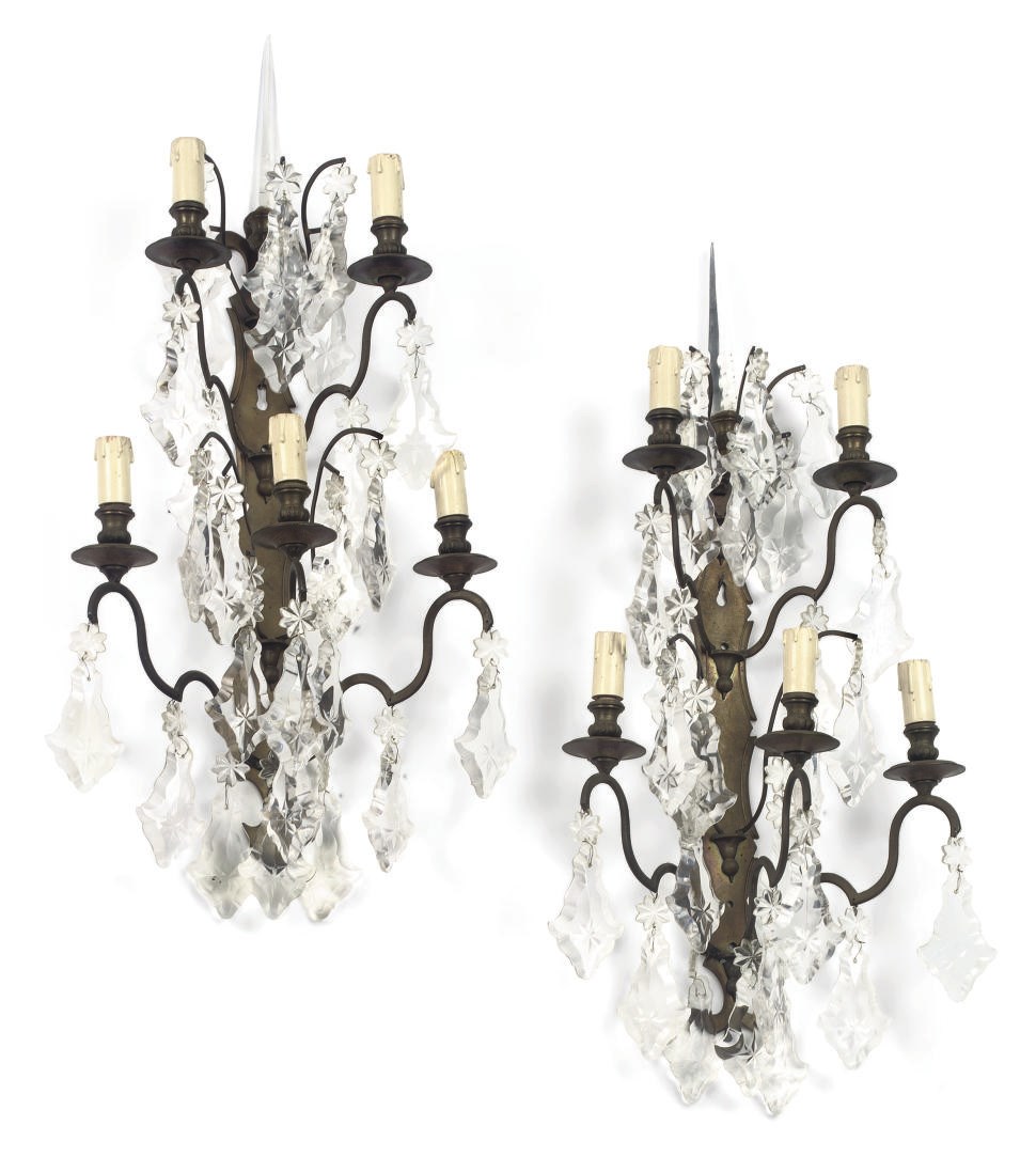 A PAIR OF GILT-METAL AND GLASS FIVE-LIGHT WALL APPLIQUES