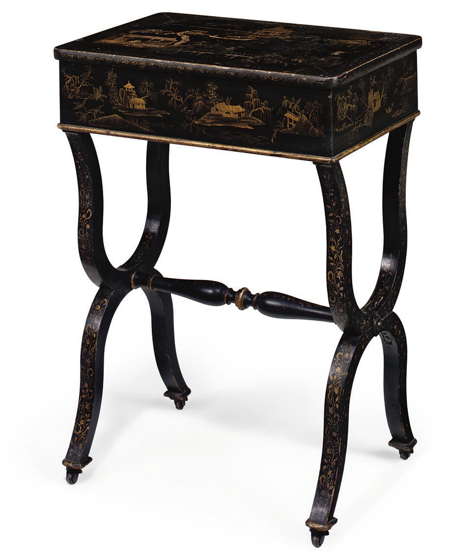 A CHINESE-EXPORT BLACK AND GILT-JAPANNED WORK TABLE