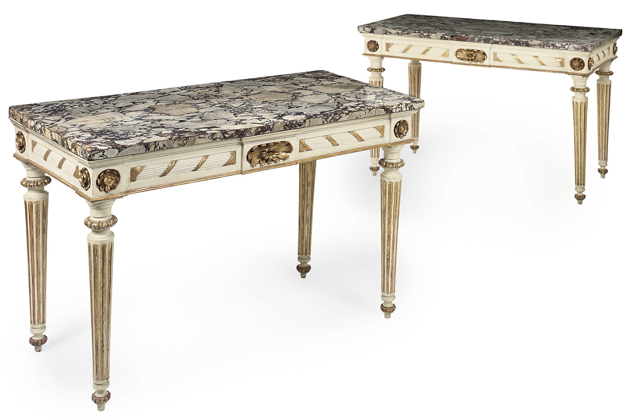 A PAIR OF ITALIAN WHITE-PAINTED AND PARCEL-GILT CONSOLE TABLES