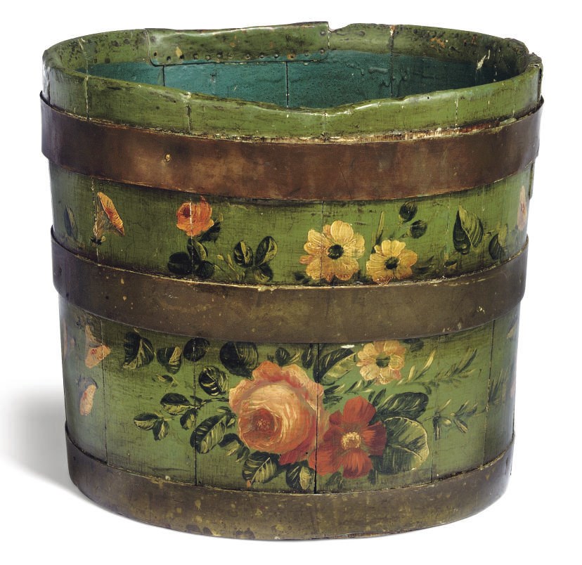 A VICTORIAN BRASS-BOUND POLYCHROME DECORATED BUCKET