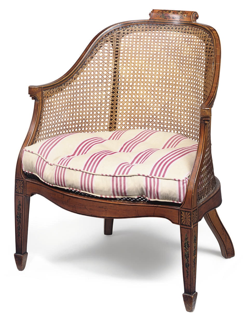 A VICTORIAN SATINWOOD AND PAINTED CANED BERGERE