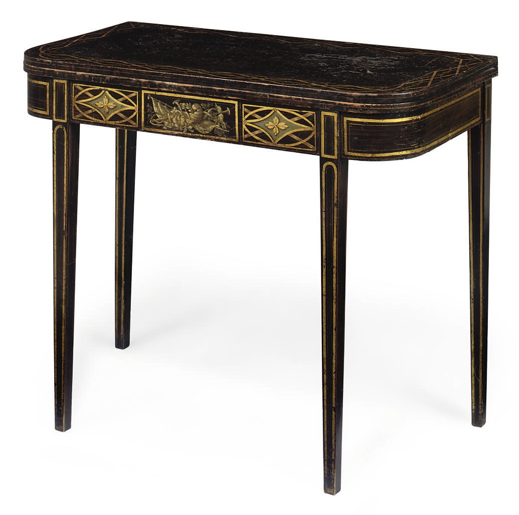 A GEORGE III GRAINED ROSEWOOD AND POLYCHROME DECORATED TEA TABLE