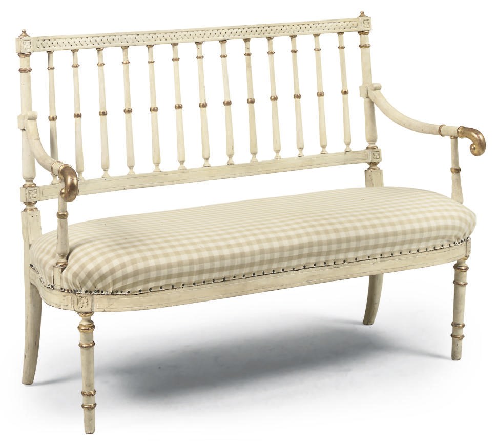 A REGENCY WHITE PAINTED AND PARCEL-GILT SOFA
