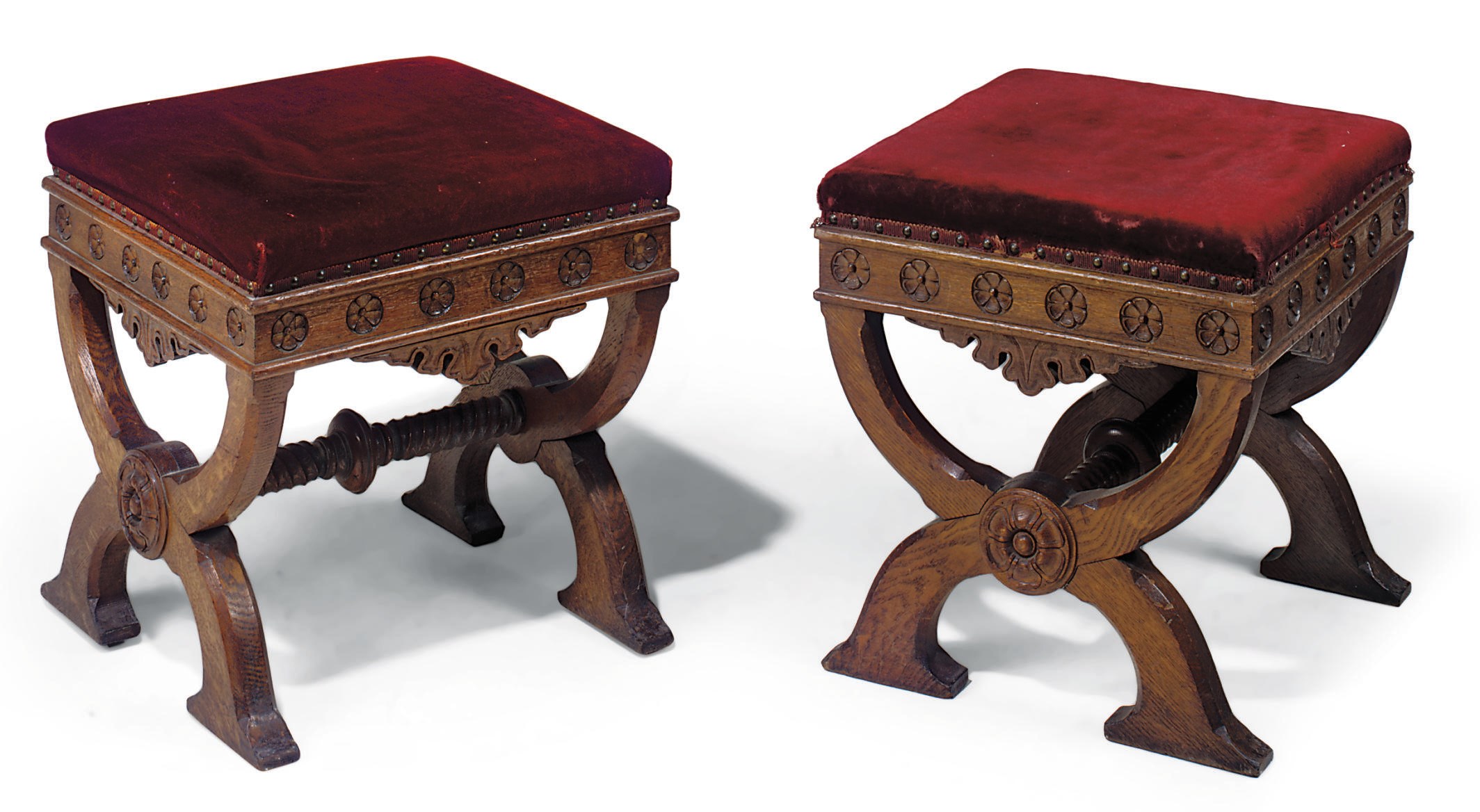 A PAIR OF VICTORIAN OAK STOOLS