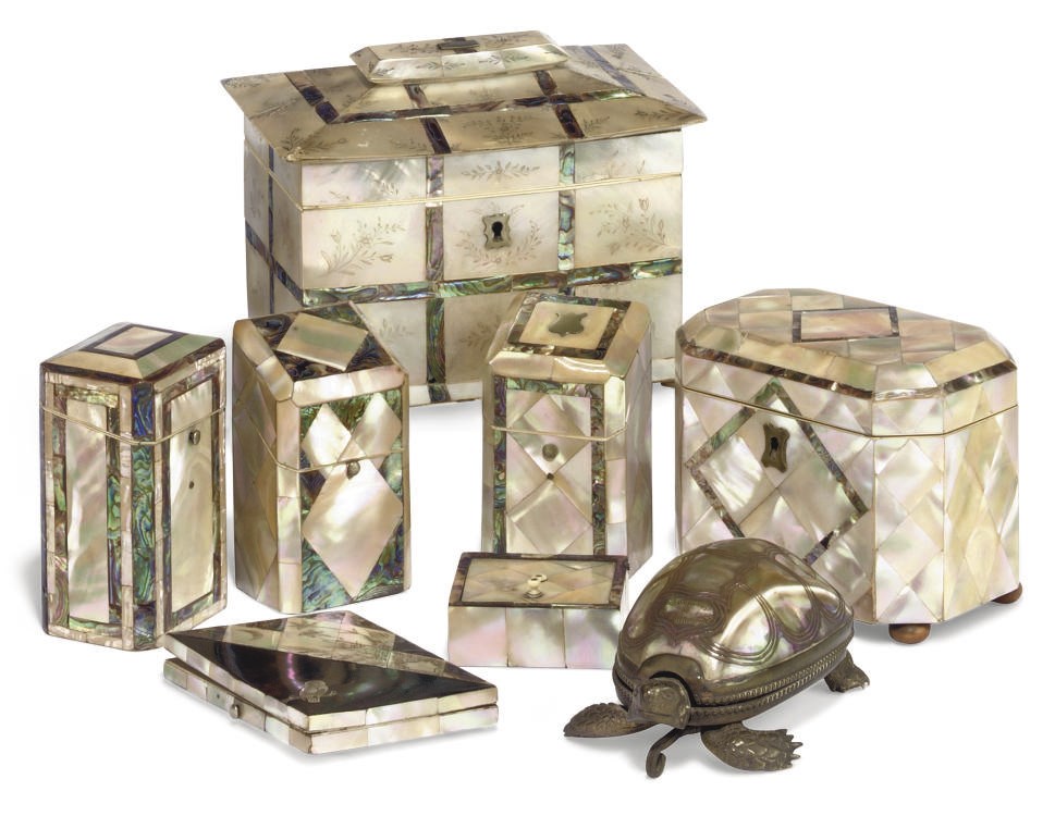 AN EARLY VICTORIAN MOTHER-OF-PEARL VENEERED TEA CADDY