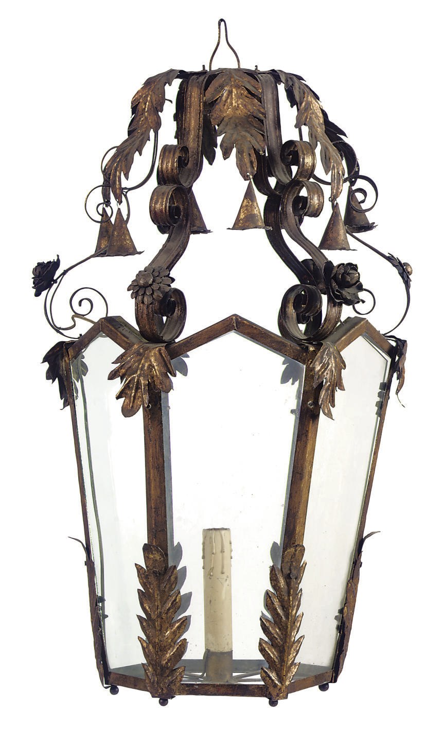 AN ITALIAN GILT-METAL HEXAGONAL HALL LANTERN