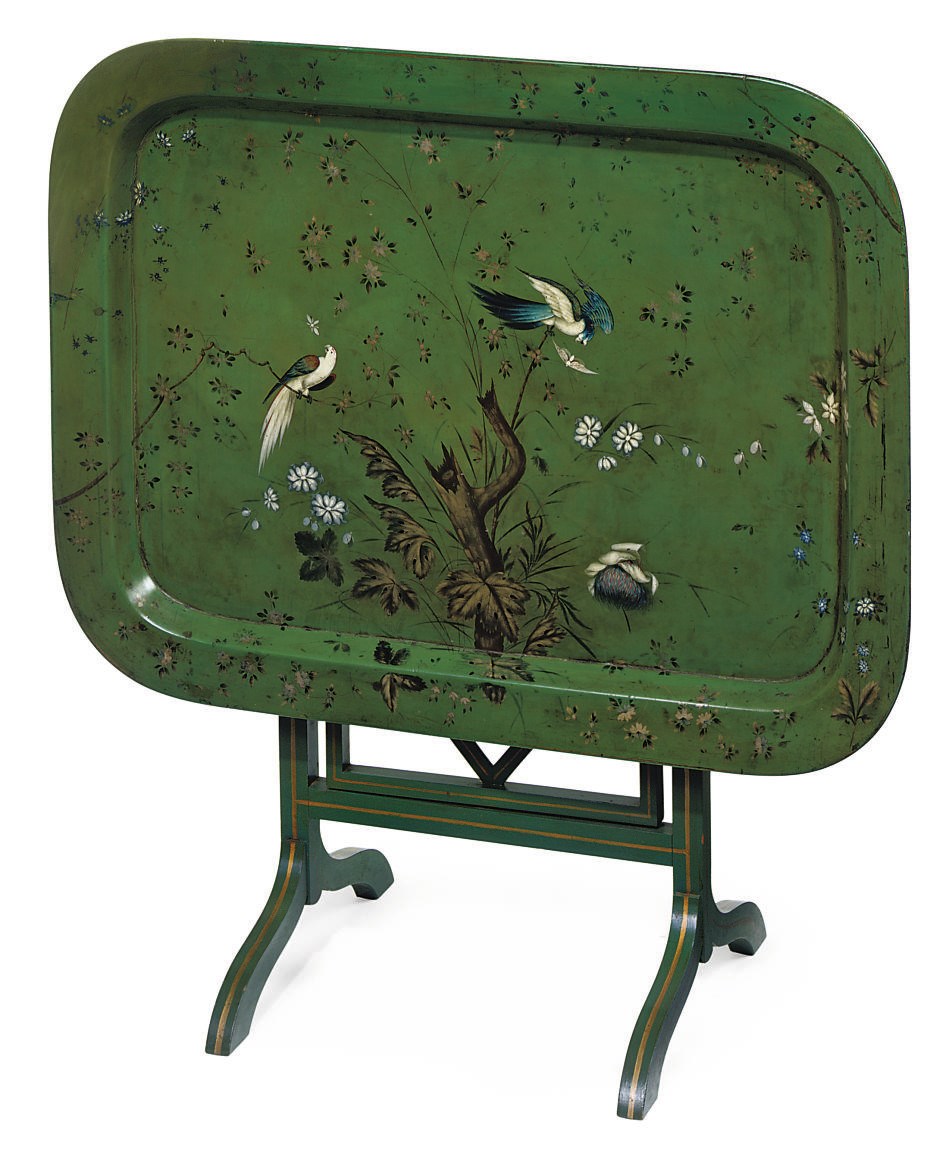 A VICTORIAN GREEN PAPIER-MACHE TRAY ON LATER STAND