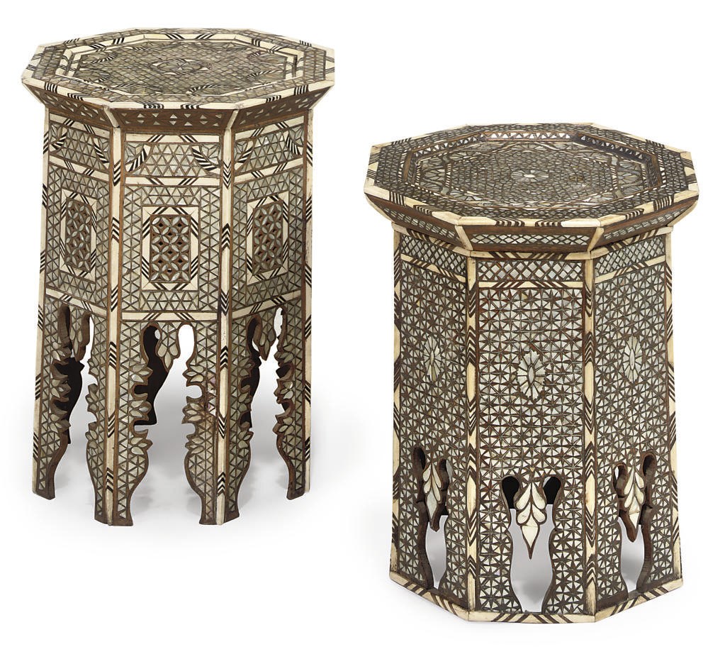 A SYRIAN MOTHER-OF-PEARL BONE AND METAL INLAID HARDWOOD OCCASIONAL TABLE