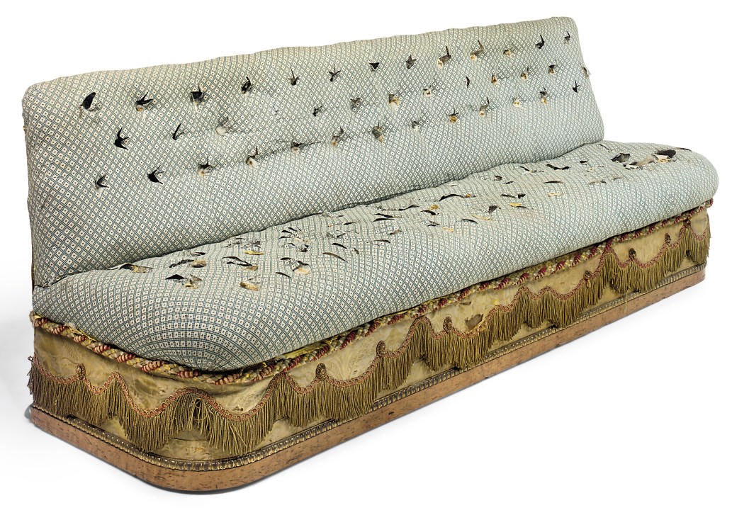 A VICTORIAN PARCEL-GILT AND BIRD'S EYE MAPLE BANQUETTE