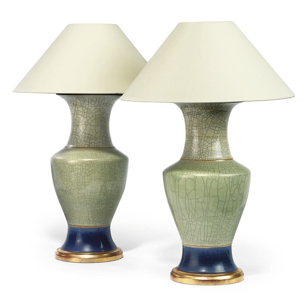 A PAIR OF CELEDON VASE TABLE LAMPS