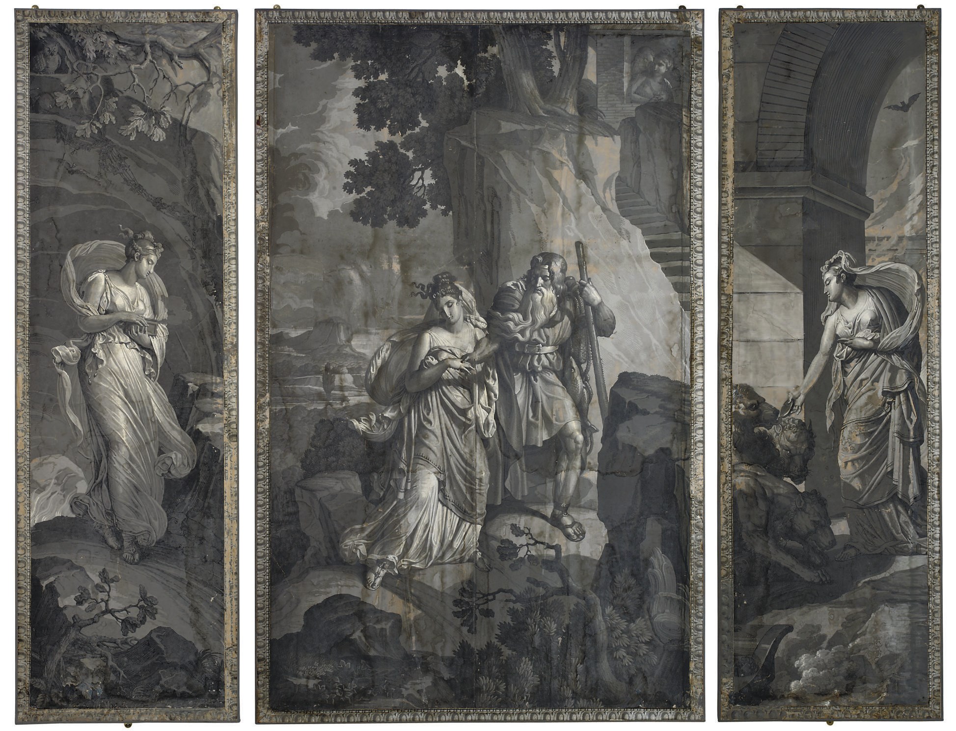 AN ITALIAN NEOCLASSICAL TRIPTYCH OF WALLPAPER PANELS