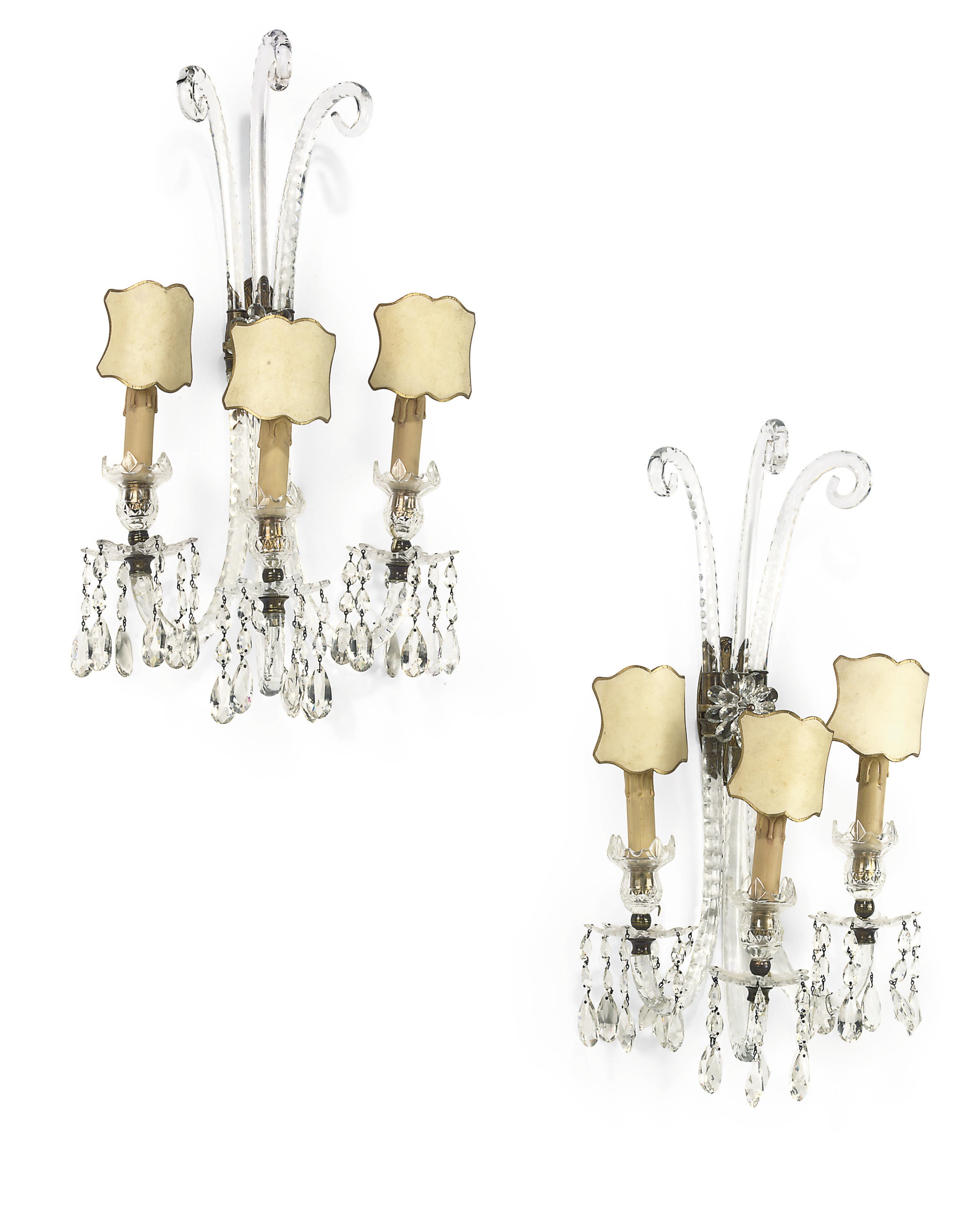 A PAIR OF ENGLISH CUT-GLASS THREE-LIGHT WALL APPLIQUES