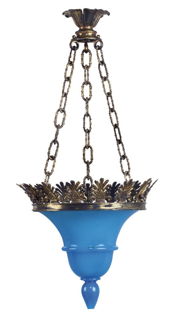 A FRENCH GILT-BRASS MOUNTED BLUE GLASS HANGING LIGHT
