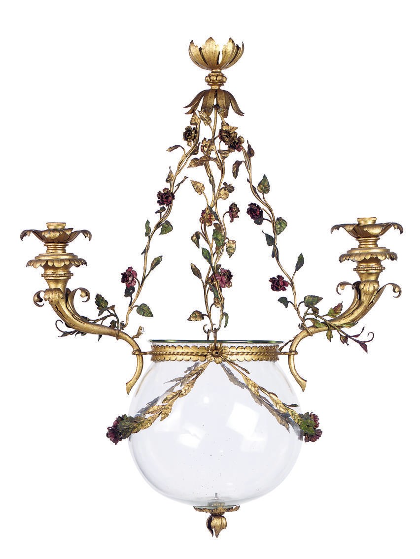 A  FRENCH GILT-METAL, TÔLE PEINTE AND GLASS TWIN-LIGHT HANGING LANTERN