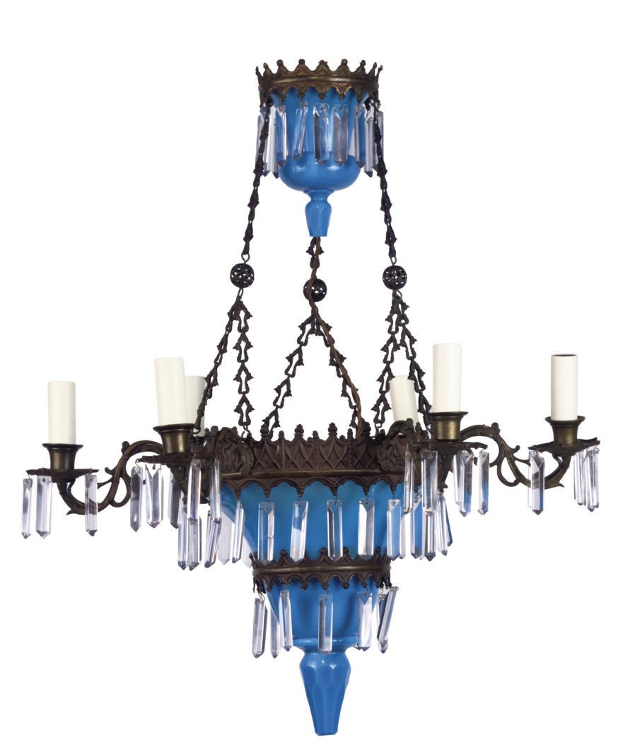 A FRENCH BRASS AND BLUE GLASS SIX-LIGHT CHANDELIER