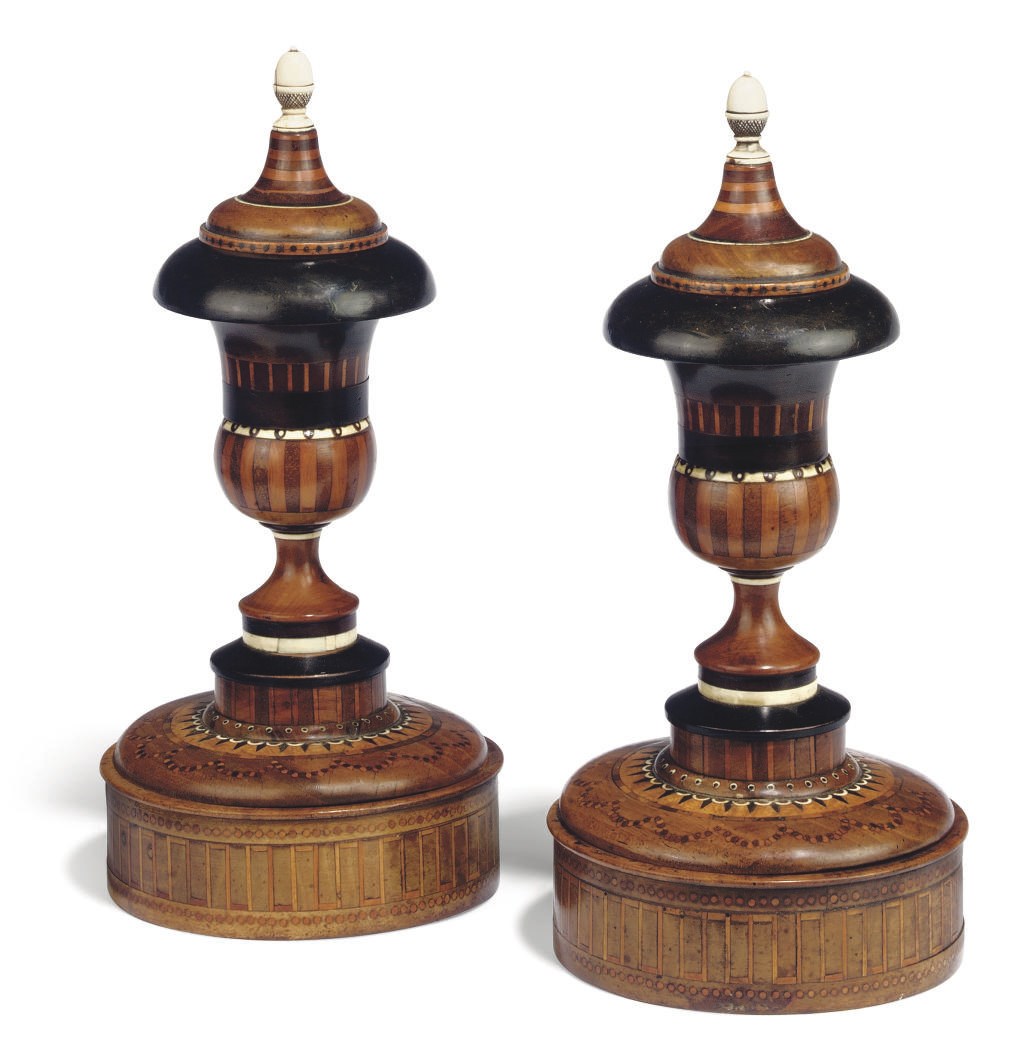 A PAIR OF VICTORIAN SPECIMEN WOOD AND IVORY ORNAMENTAL URNS