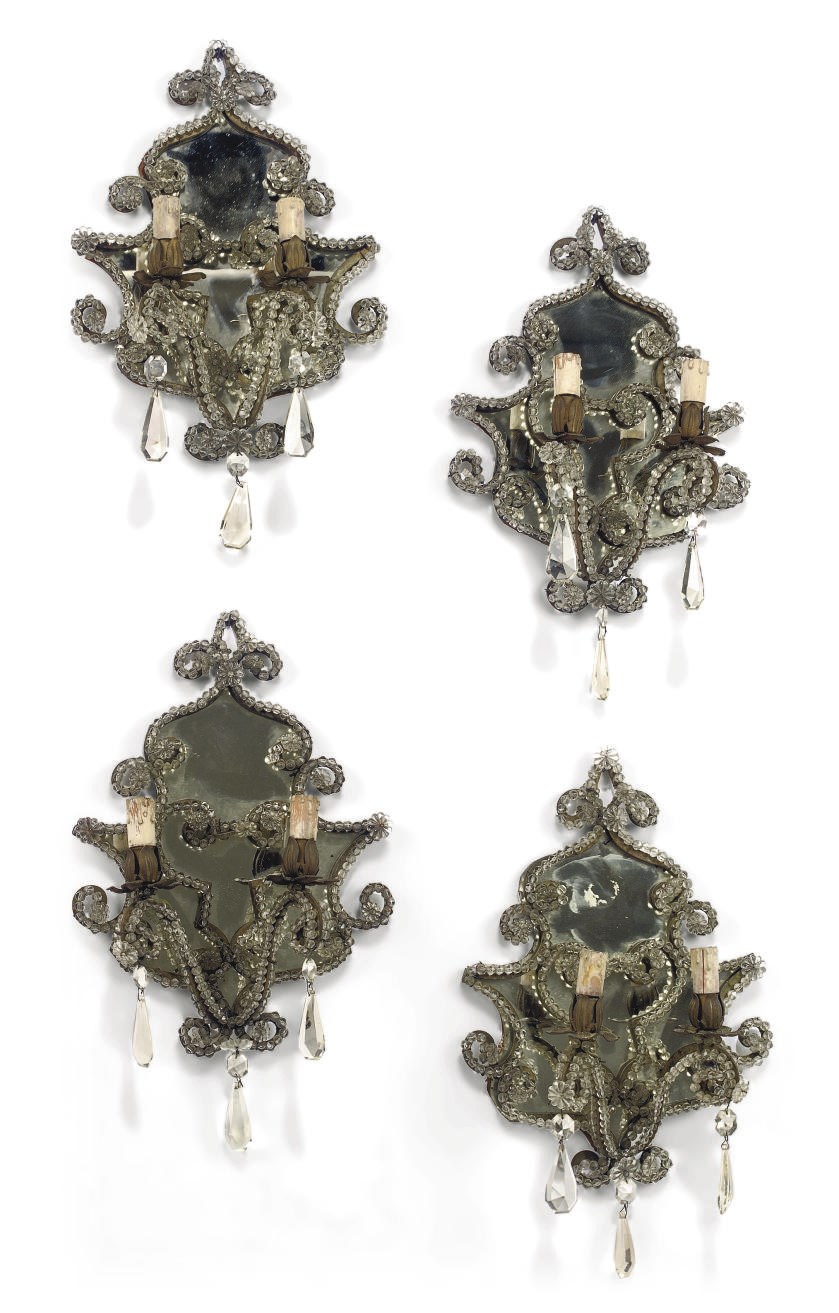 A SET OF FOUR ITALIAN BEADED GLASS TWIN-LIGHT GIRANDOLE