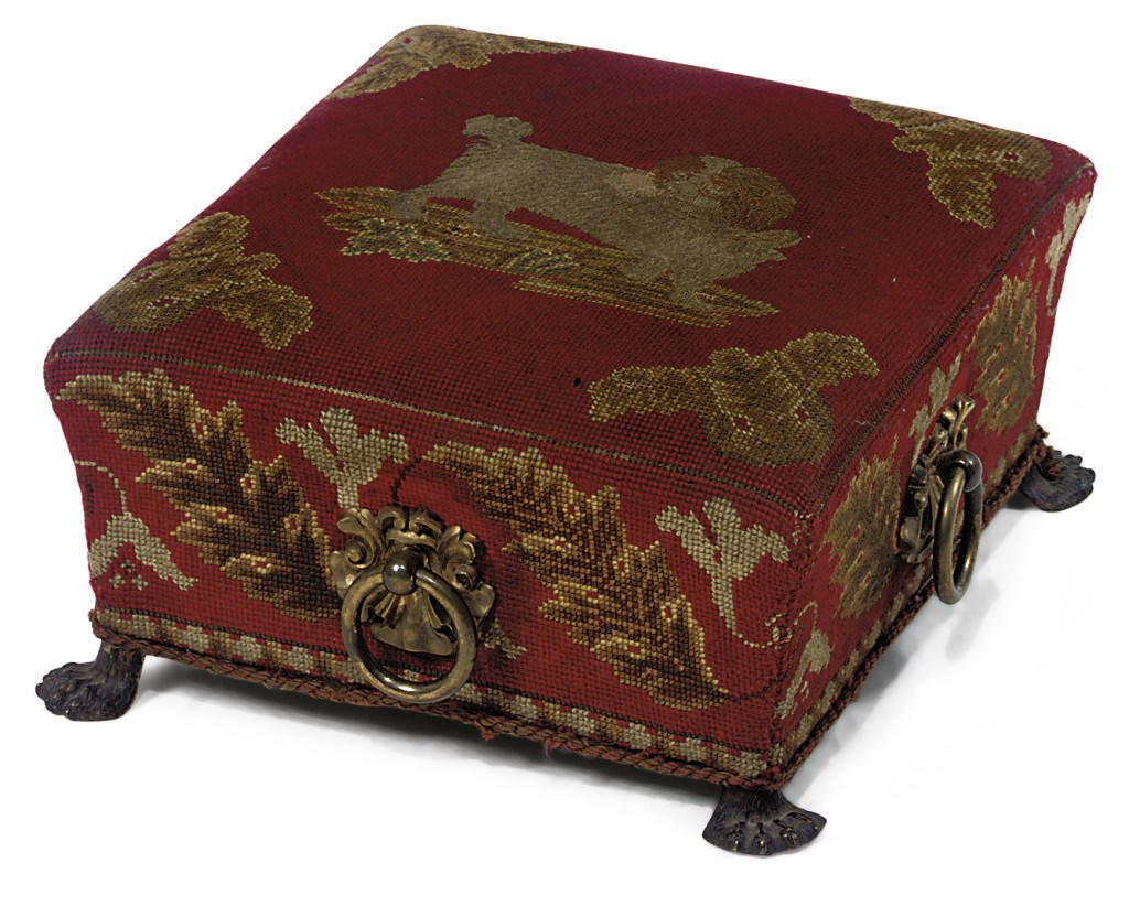 AN ITALIAN GILT-METAL MOUNTED NEEDLEWORK FOOT STOOL