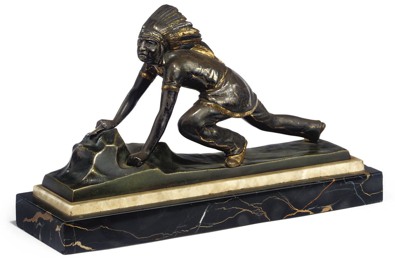 A FRENCH PARCEL-GILT BRONZE AND SILVERED MODEL OF A NATIVE AMERICAN