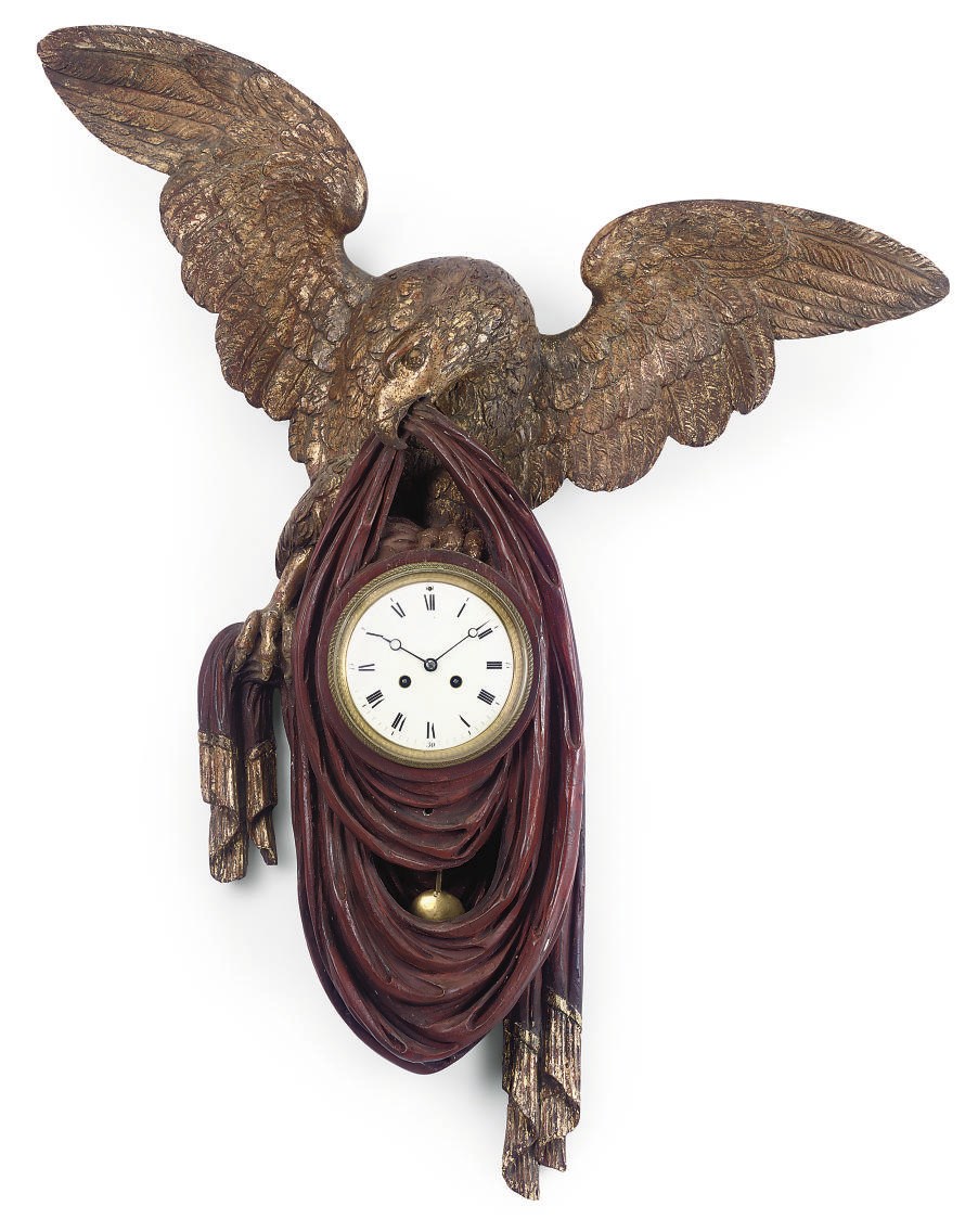 A SWEDISH GILTWOOD AND PAINTED STRIKING CARTEL CLOCK