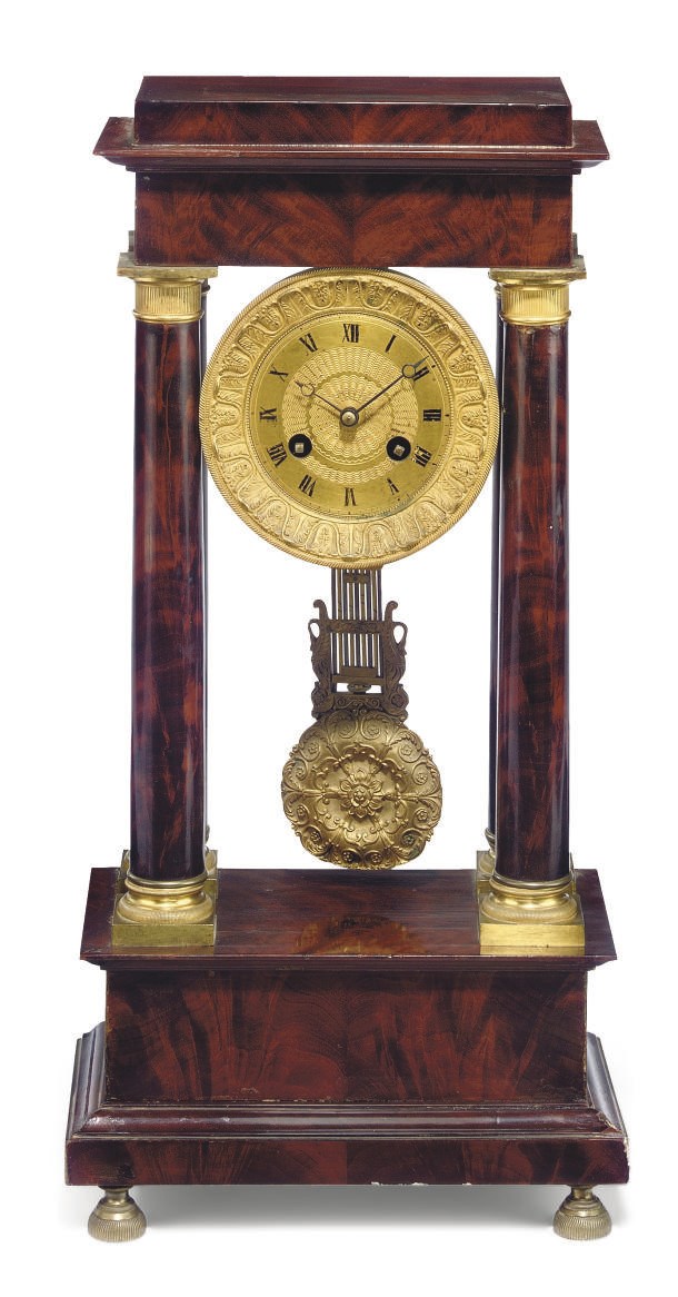 A Louis Philippe ormolu-mounted mahogany striking eight day portico clock