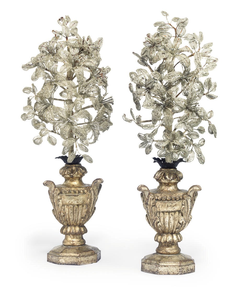 A PAIR OF ITALIAN SILVERED WOOD AND BEADWORK VASES