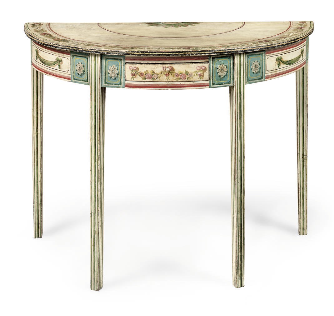 A SWEDISH WHITE AND POLYCHROME PAINTED DEMI-LUNE TABLE
