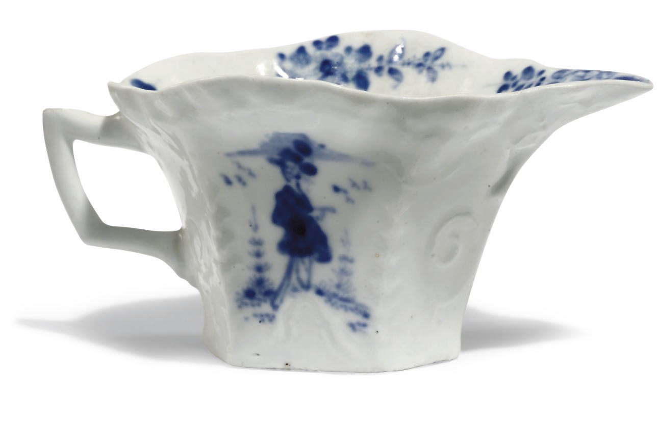 A LUND'S BRISTOL BLUE AND WHITE FLARED HEXAGONAL CREAM-BOAT
