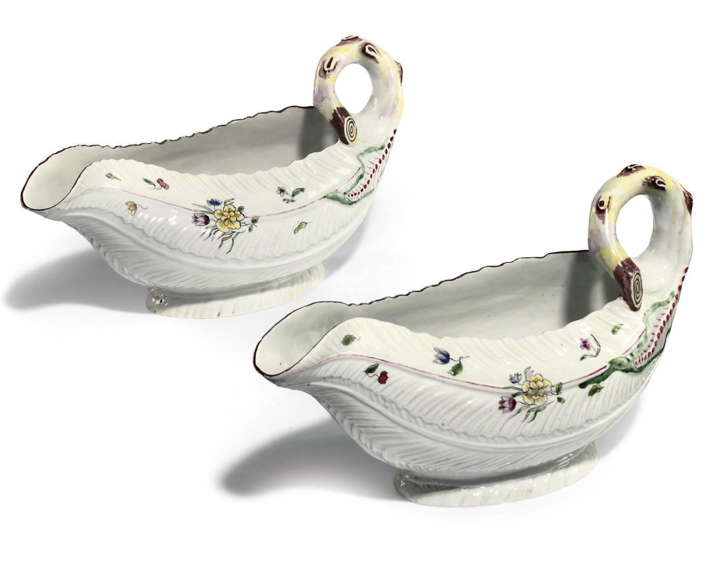 A PAIR OF WORCESTER COS-LETTUCE LEAF MOULDED SAUCEBOATS