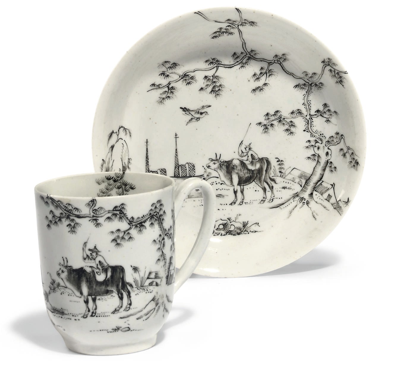 A WORCESTER 'PENCILLED' COFFEE-CUP AND SAUCER