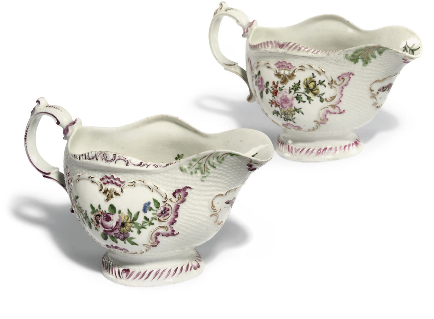 TWO WORCESTER BASKET-MOULDED OVAL SAUCEBOATS