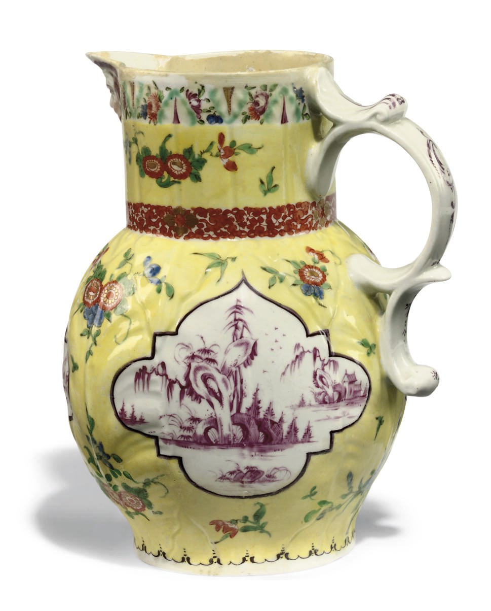 A WORCESTER YELLOW-GROUND LEAF-MOULDED MASK-JUG