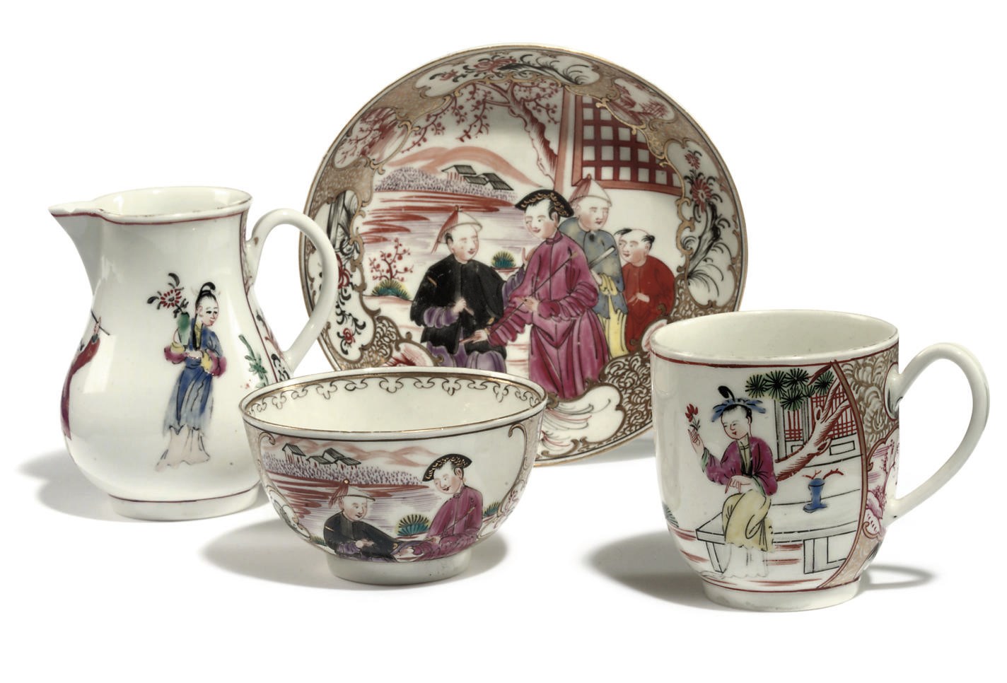A WORCESTER CHINOISERIE TEABOWL AND SAUCER, A SPARROW-BEAK JUG AND A COFFEE-CUP