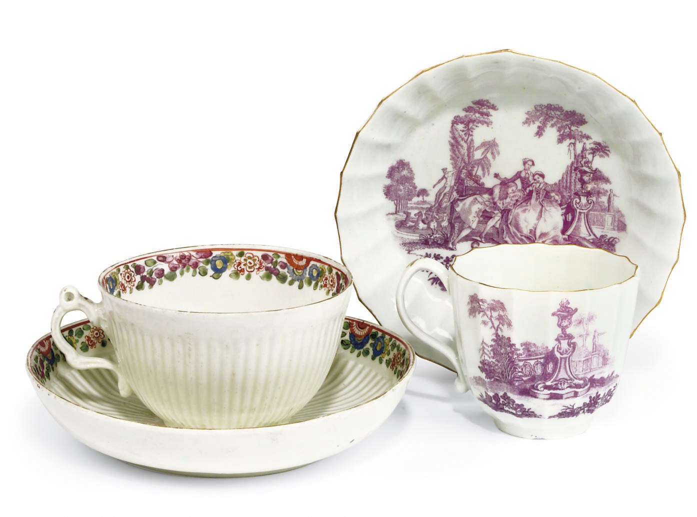FOUR WORCESTER CUPS AND SAUCERS