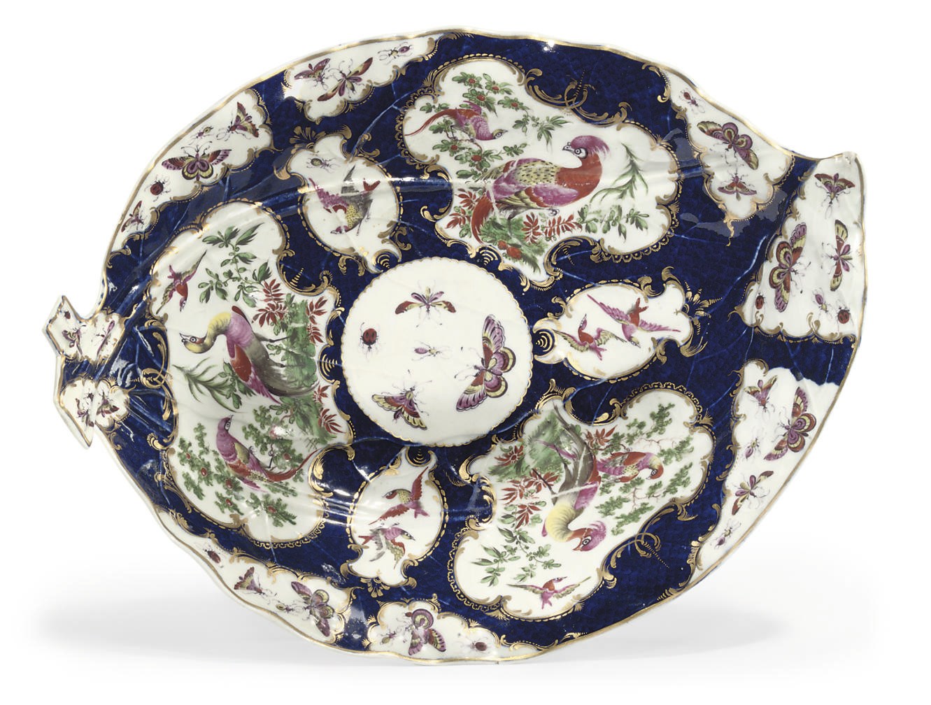 A WORCESTER BLUE-SCALE-GROUND LEAF-SHAPED DISH