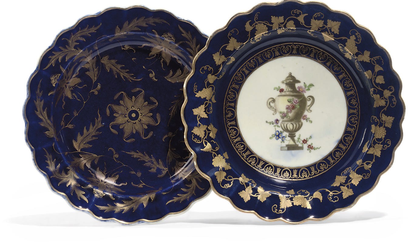 TWO WORCESTER DARK-BLUE-GROUND LOBED PLATES