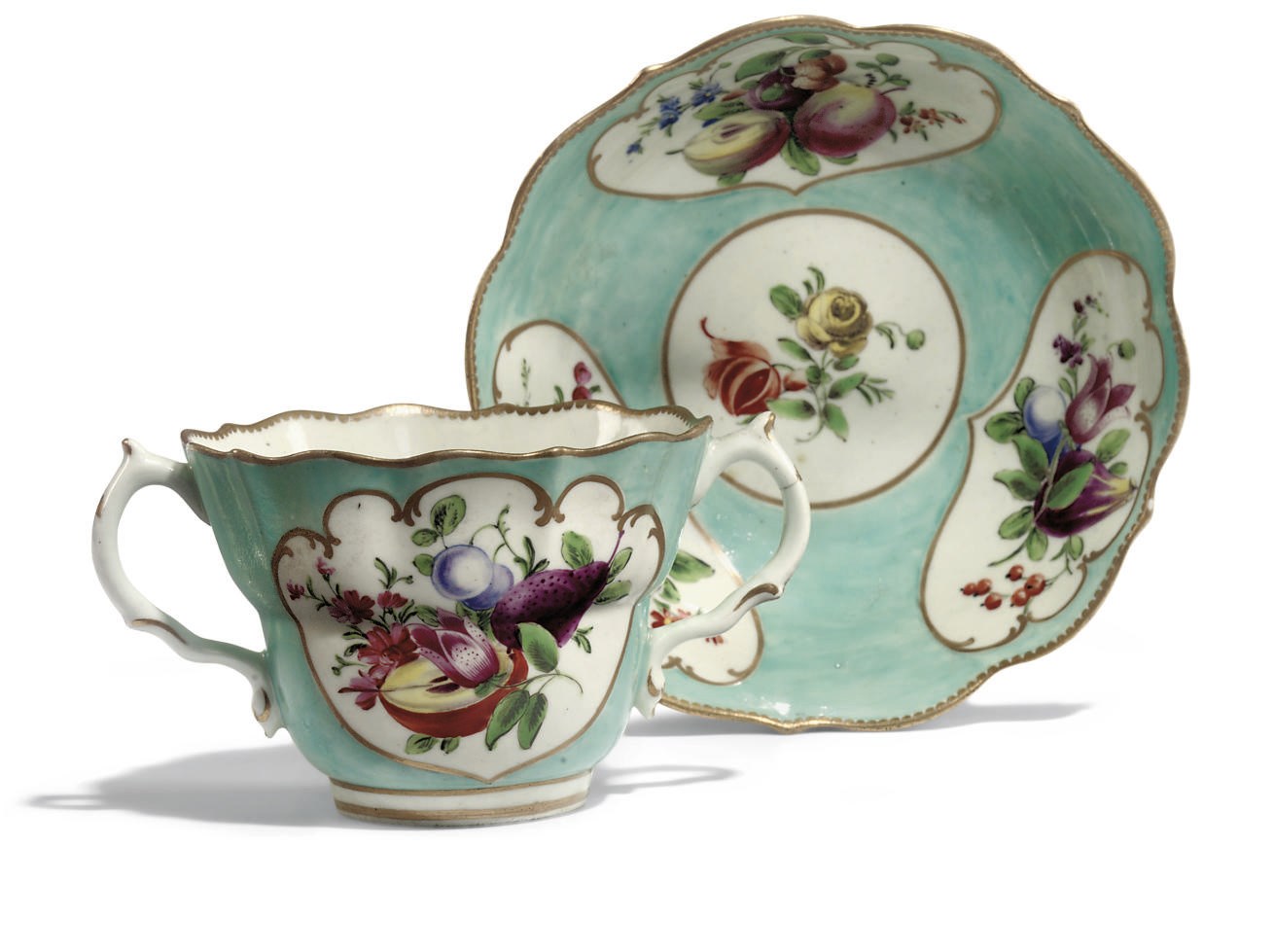 A WORCESTER LATER-DECORATED CHOCOLATE-CUP AND SAUCER