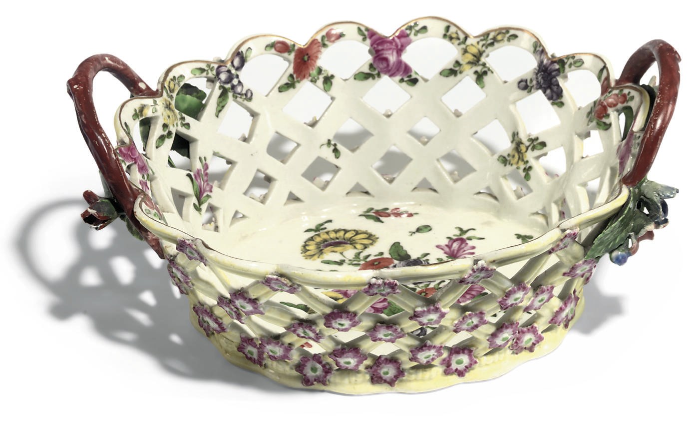 A WORCESTER YELLOW-GROUND PIERCED OVAL BASKET
