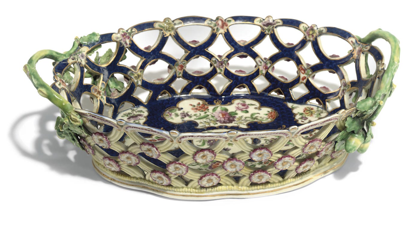 A WORCESTER BLUE-SCALE-GROUND TWO-HANDLED SHAPED OVAL BASKET