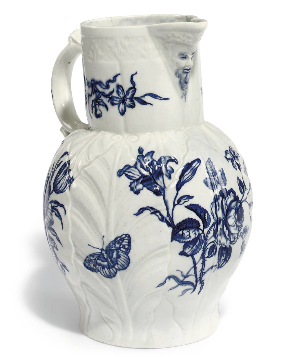 A WORCESTER CABBAGE-LEAF MOULDED MASK JUG