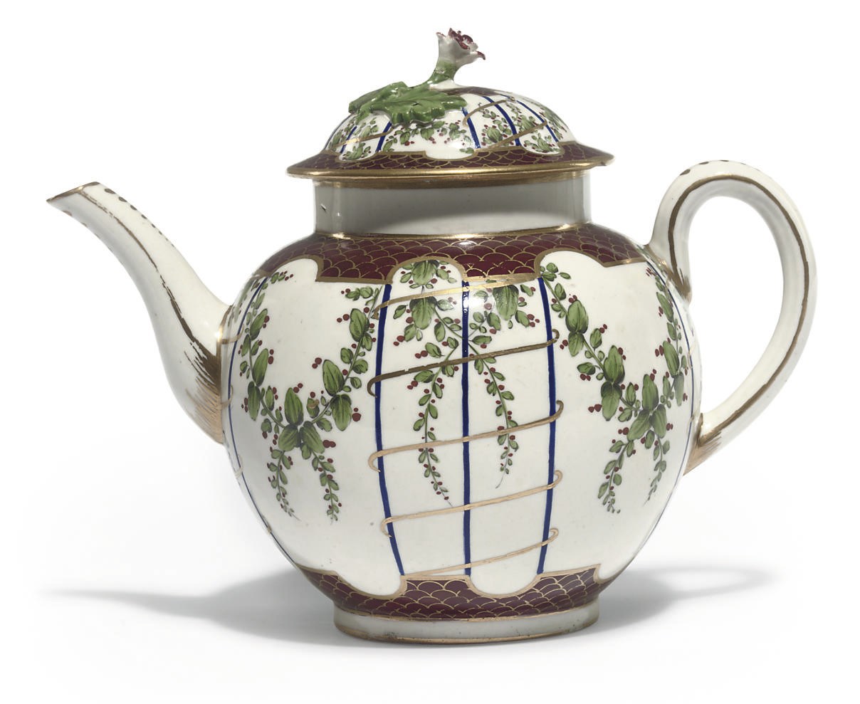 A WORCESTER LATER-DECORATED GLOBULAR TEAPOT AND COVER