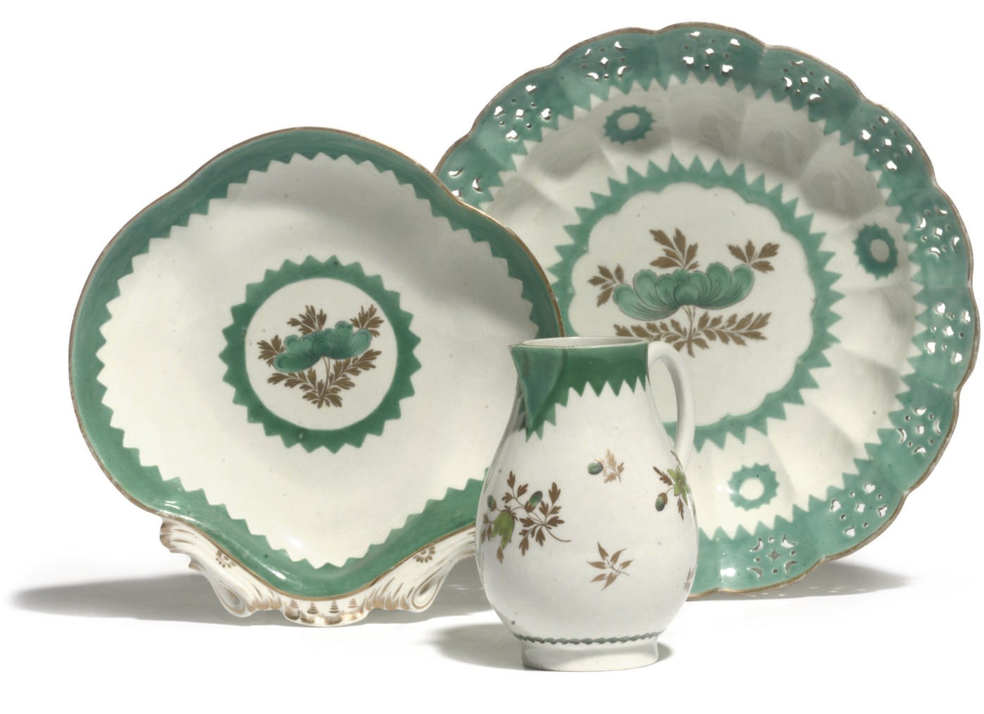 A WORCESTER RETICULATED SCALLOPED DISH, A SHELL-SHAPED DESSERT DISH AND A MILK-JUG