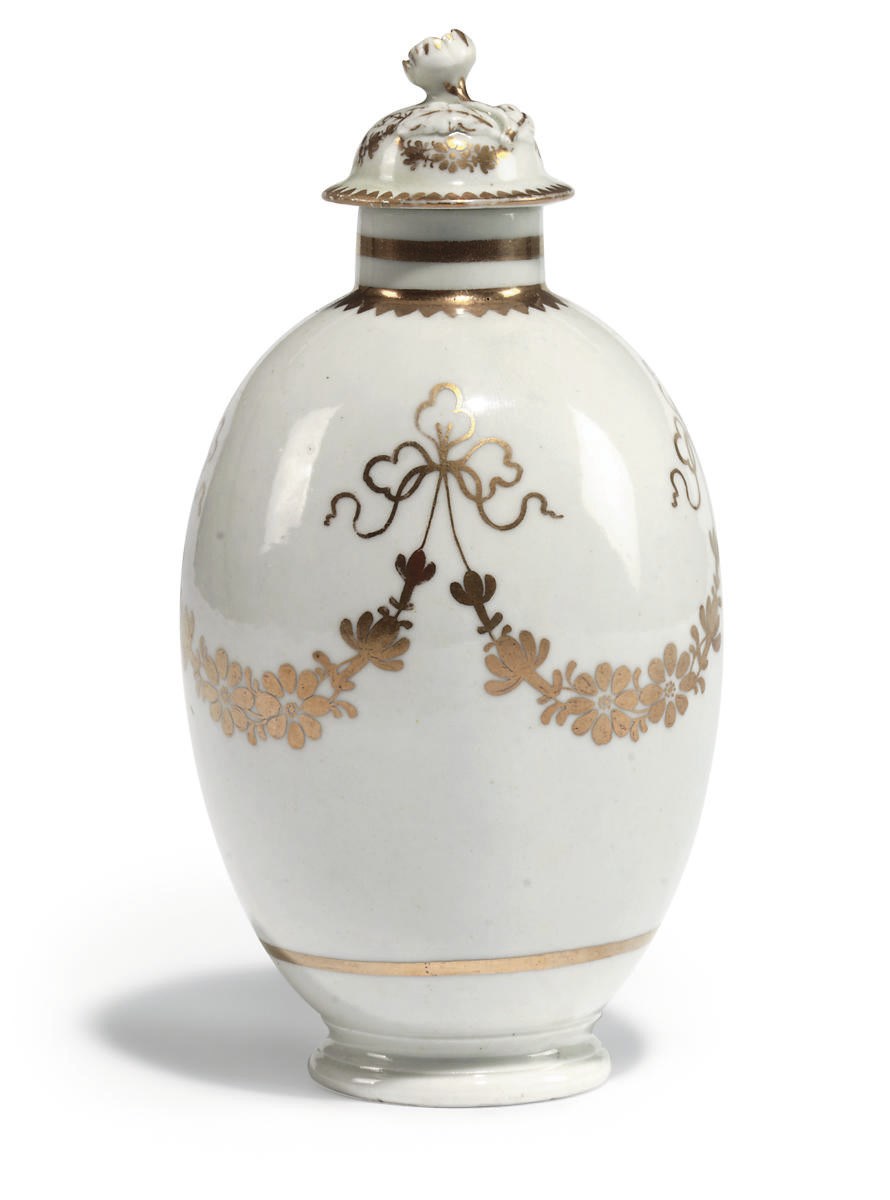 A WORCESTER WHITE AND GILT OVIFORM TEA-CADDY AND COVER
