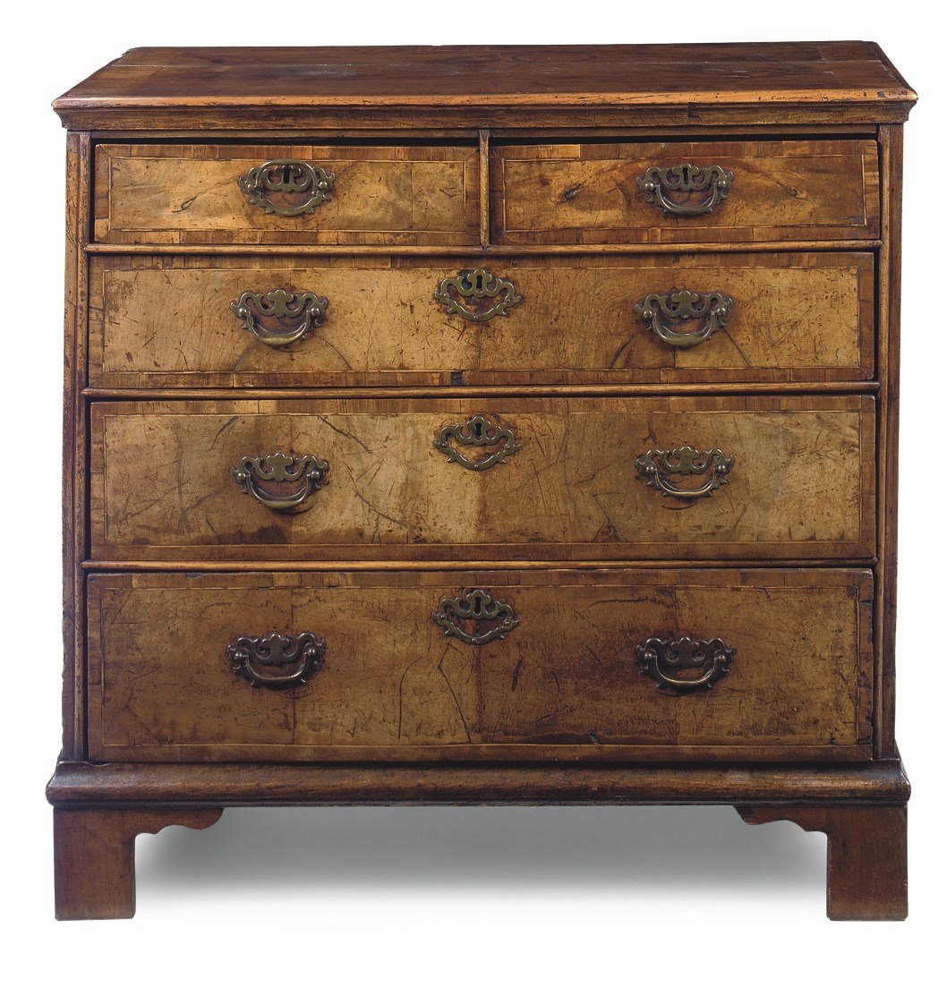 A QUEEN ANNE WALNUT OAK ELM AND CROSSBANDED CHEST