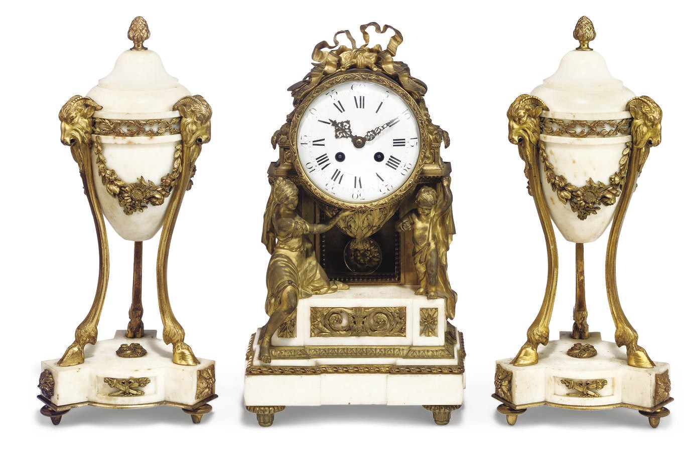 A FRENCH ORMOLU AND WHITE MARBLE CLOCK GARNITURE
