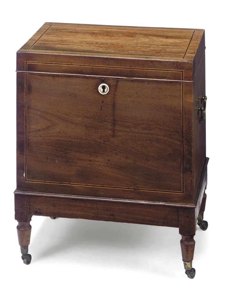 A REGENCY MAHOGANY AND INLAID CELLARET ON STAND