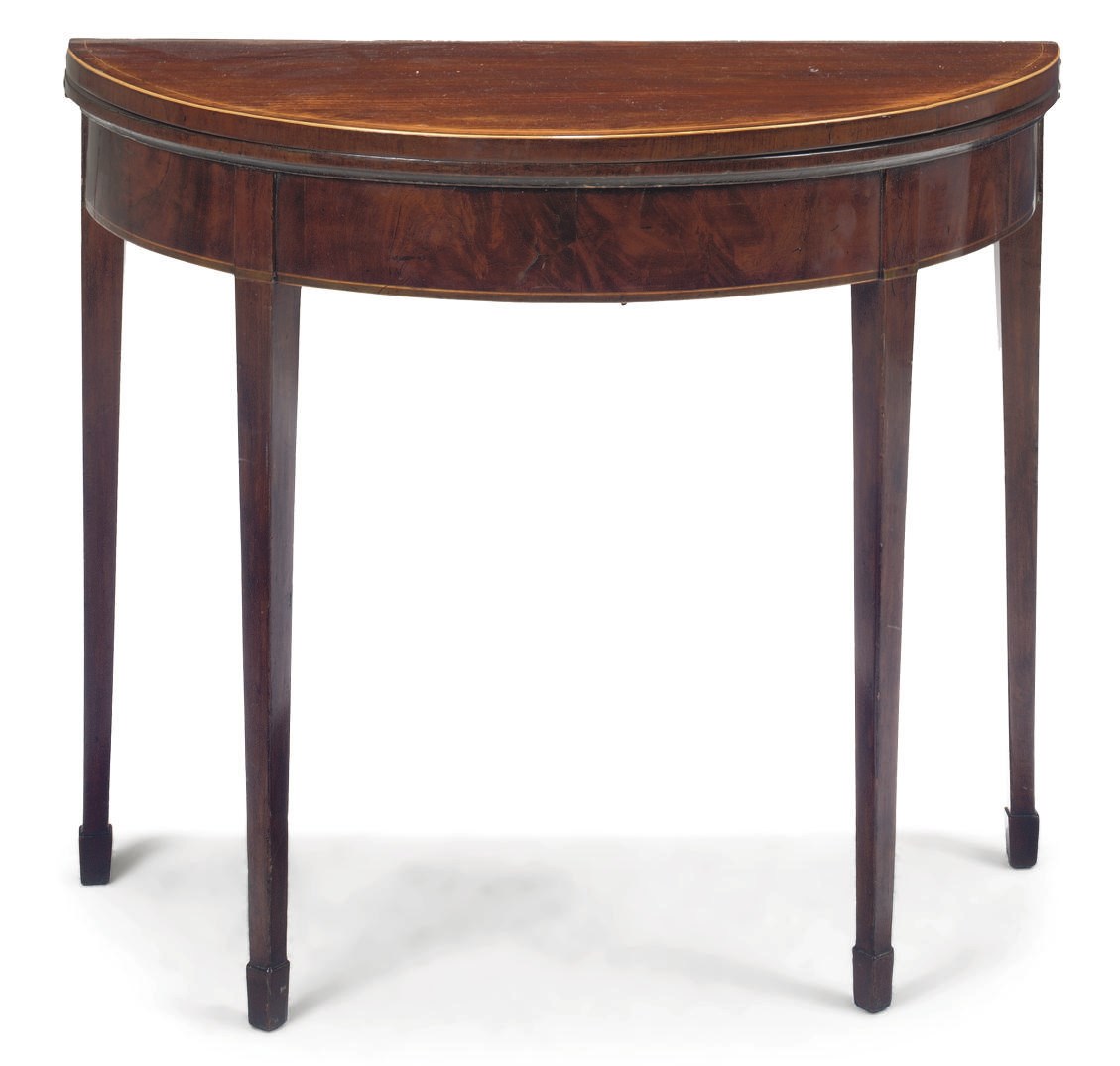 A GEORGE III MAHOGANY AND LINE INLAID DEMI-LUNE CARD TABLE