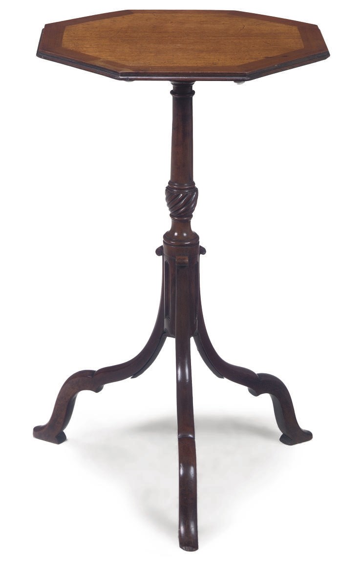 A MAHOGANY AND WALNUT TRIPOD TABLE