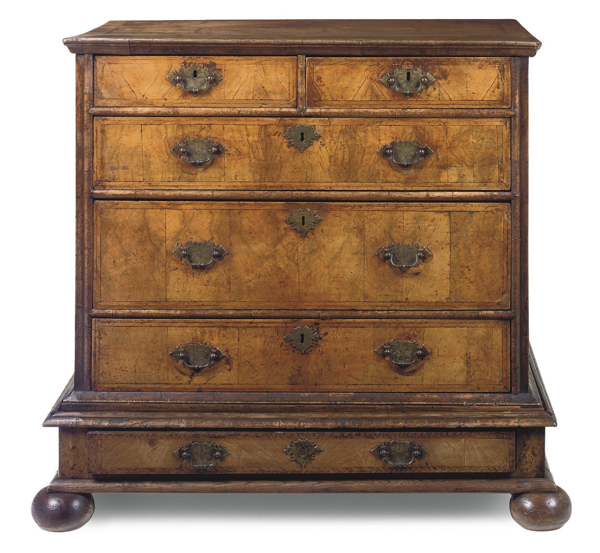 A QUEEN ANNE WALNUT AND FEATHERBANDED CHEST ON STAND
