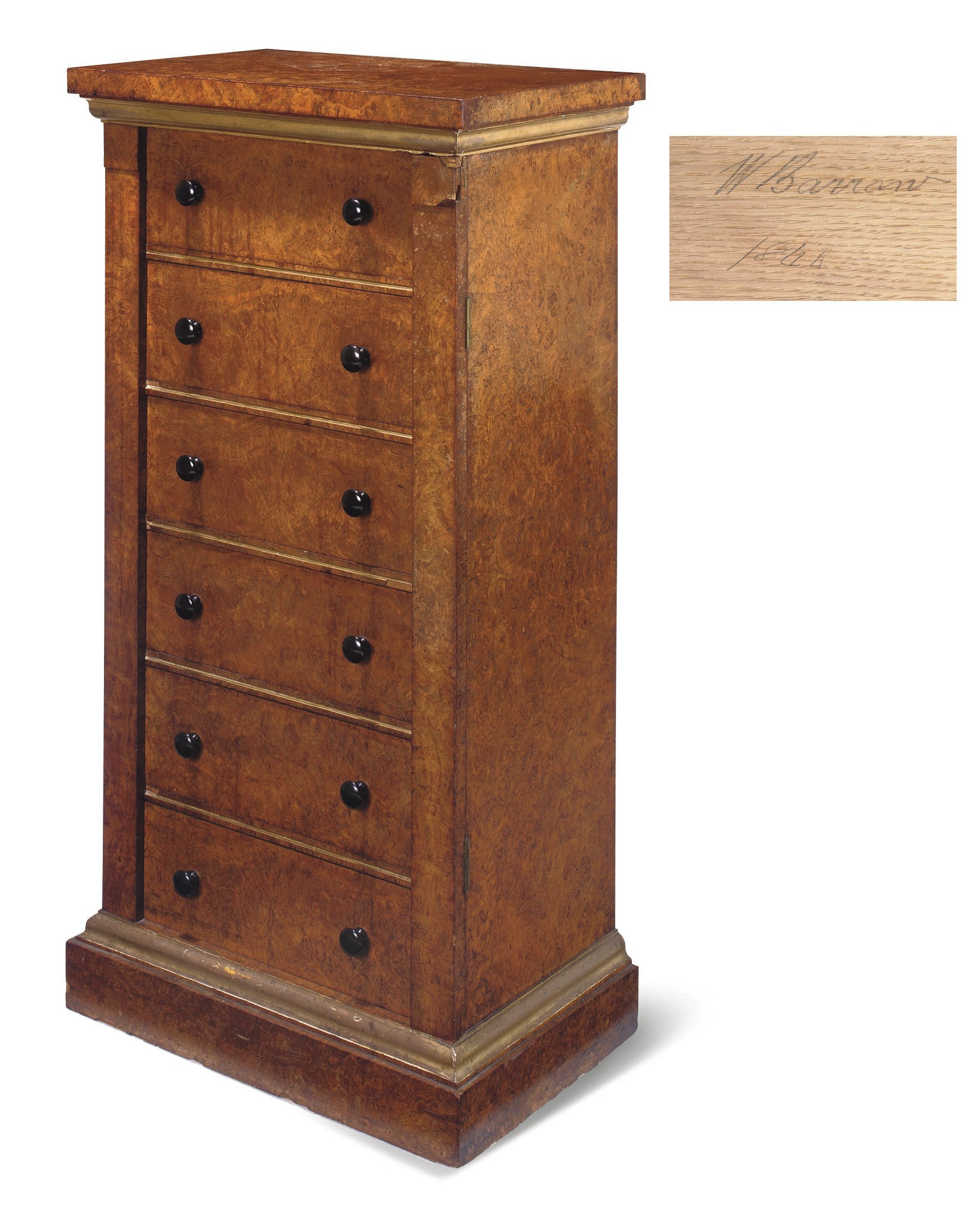 A VICTORIAN POLLARD OAK AND PARCEL-GILT WELLINGTON CHEST
